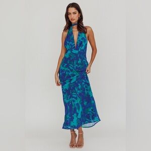 NWT SAINTS & SECRETS Italia Azure Halterneck Maxi Dress Abstract Blue SIZE XS